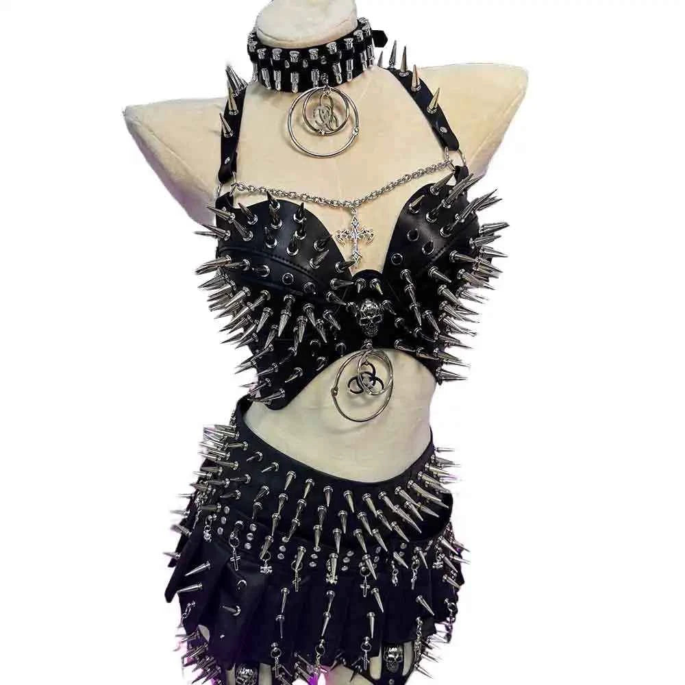 Punk Rock Clothes Sexy Goth T-shirt Y2K Tops Gothic Tank Emo Clothing Spiked Bra 80s Festival Outfit Grunge with Spikes ALT