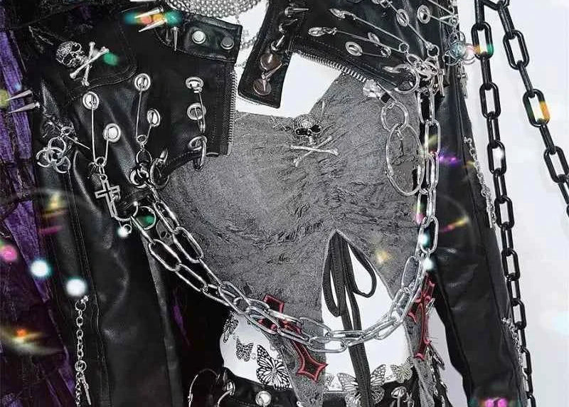 Harajuku Women Gothic Lolita Streetwear Y2K Girl Steampunk Rock and roll  Spike Trim Crop Tops Rivet Metal Chain pu Blazer coat