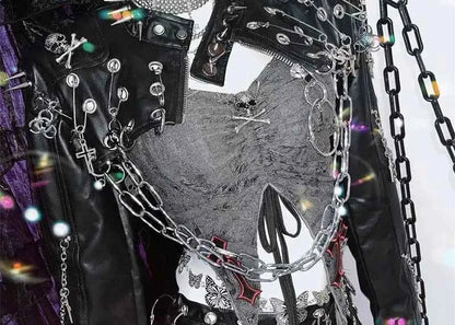 Harajuku Women Gothic Lolita Streetwear Y2K Girl Steampunk Rock and roll  Spike Trim Crop Tops Rivet Metal Chain pu Blazer coat