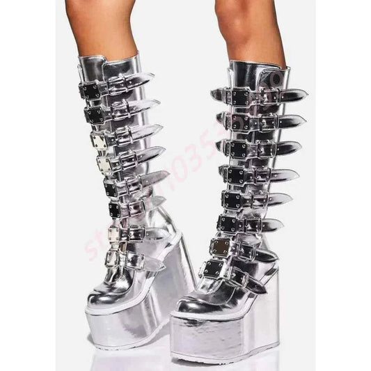 Platform Punk Rock Belt Buckle Motorcycle Boots 2025 New Round Toe Wedge Party Stage Boots Street Fashion Large Size Calf Boots