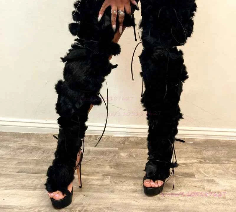 Long Plush Tassel Black Fur Sandals Women Fringe Cross Straps Boots Wrap Patchwork Thighs Sexy Platform Girls Cool Party Shoes