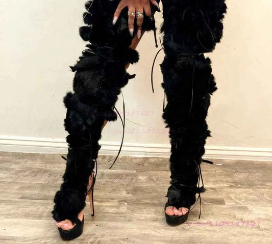 Long Plush Tassel Black Fur Sandals Women Fringe Cross Straps Boots Wrap Patchwork Thighs Sexy Platform Girls Cool Party Shoes
