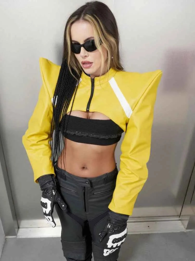 Kliou Horn Design Short Jacket Woman Faux Leather Zip Cardigan Full Sleeve Navel Exposed Hot Girls High Street Style Clothing