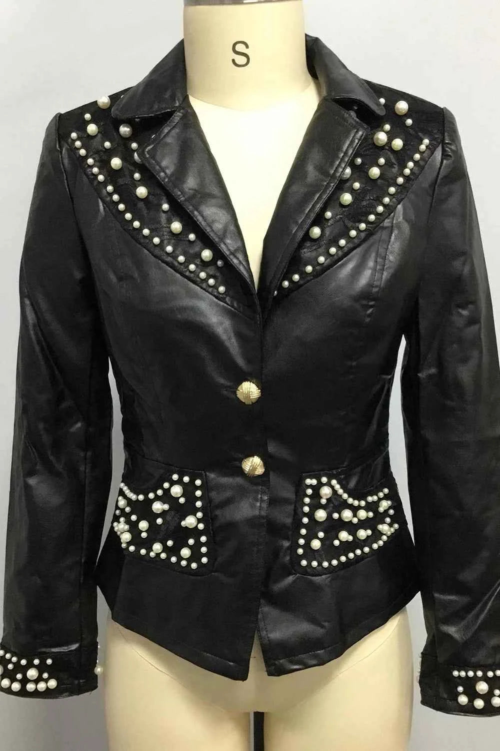 Women Pearl Decoration PU Leather Jacket Turn Down Collar Elegant Single Breasted Long Sleeve Casual Hip Hops Faux Leather Coat