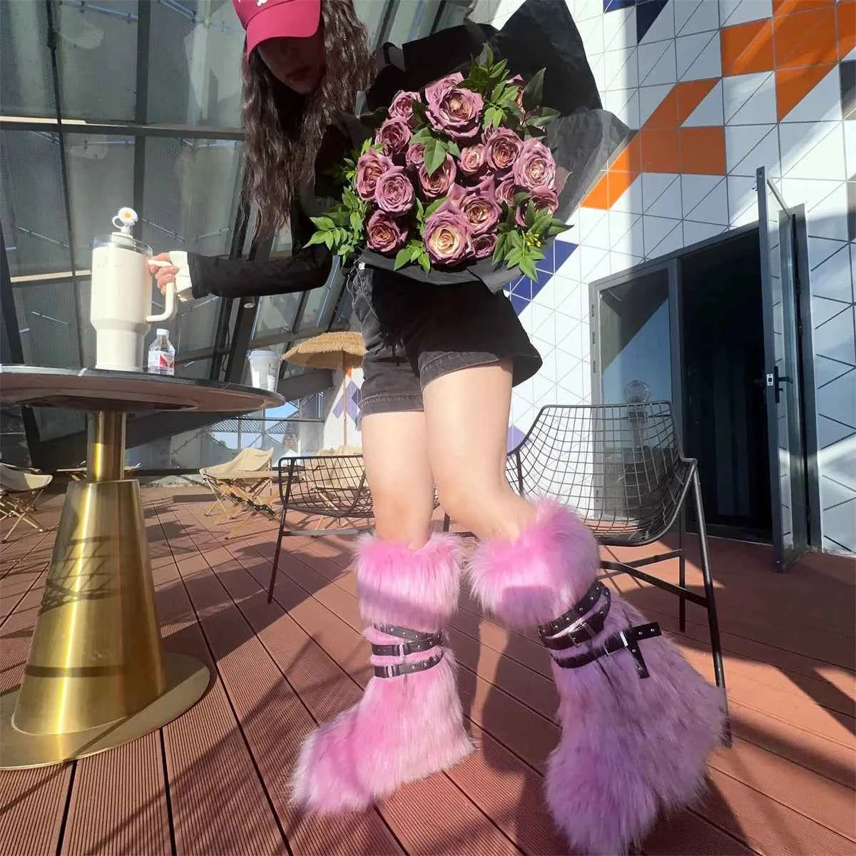 Ladies Faux Fur Knee High Wedge Platform Boots Popular Brown Spice Girl Cross Belt Buckle Winter New Snow Boots For Women