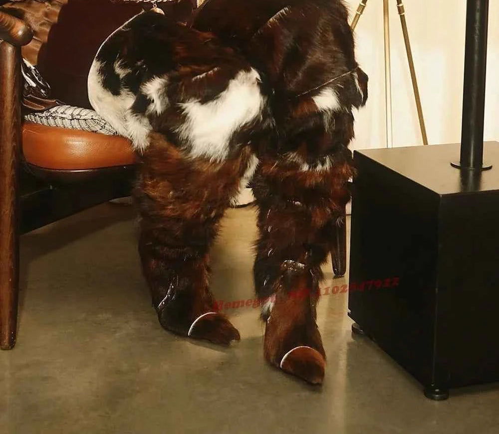 Horsehair Patchwork Thigh High Boots Rivet Stiletto Fur Pointy Toe Women's Boots Winter Thin High Heeled Warm Casual Shoes 2026