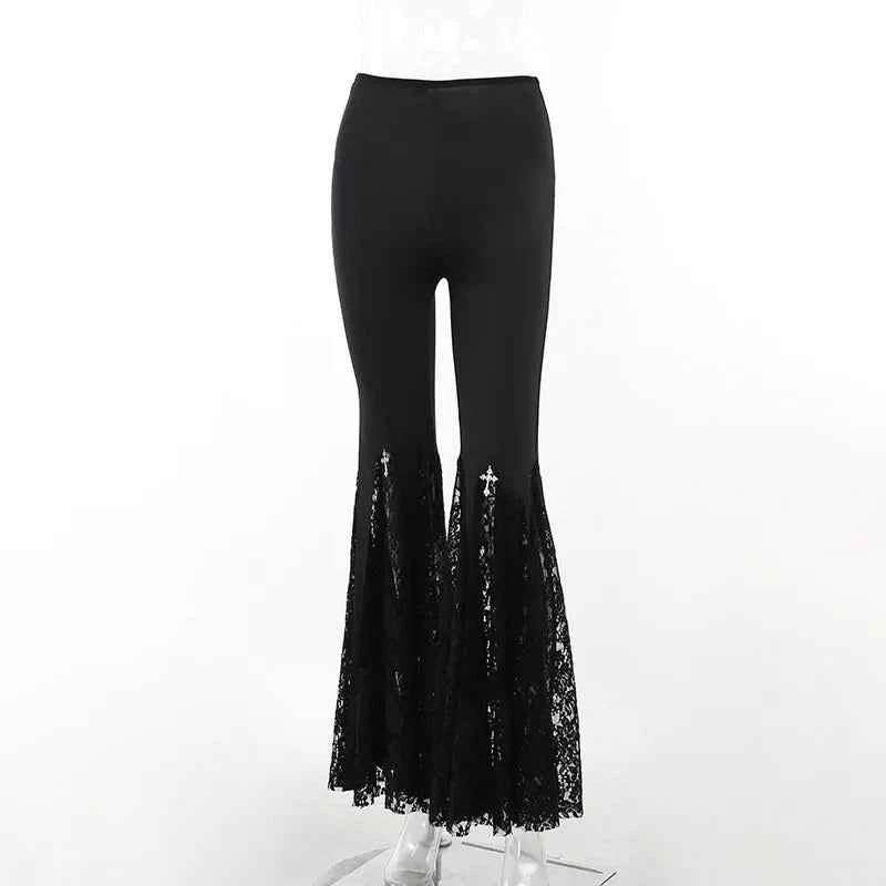 Goth Mall Flare Pants Sexy Black Lace Patchwork High Waist Vintage Harajuku Hippie Punk Grunge Streetwear  Y2k Pants
