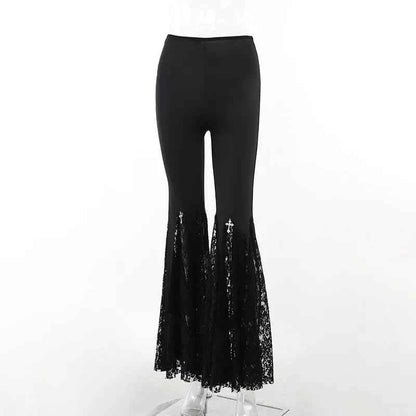 Goth Mall Flare Pants Sexy Black Lace Patchwork High Waist Vintage Harajuku Hippie Punk Grunge Streetwear  Y2k Pants