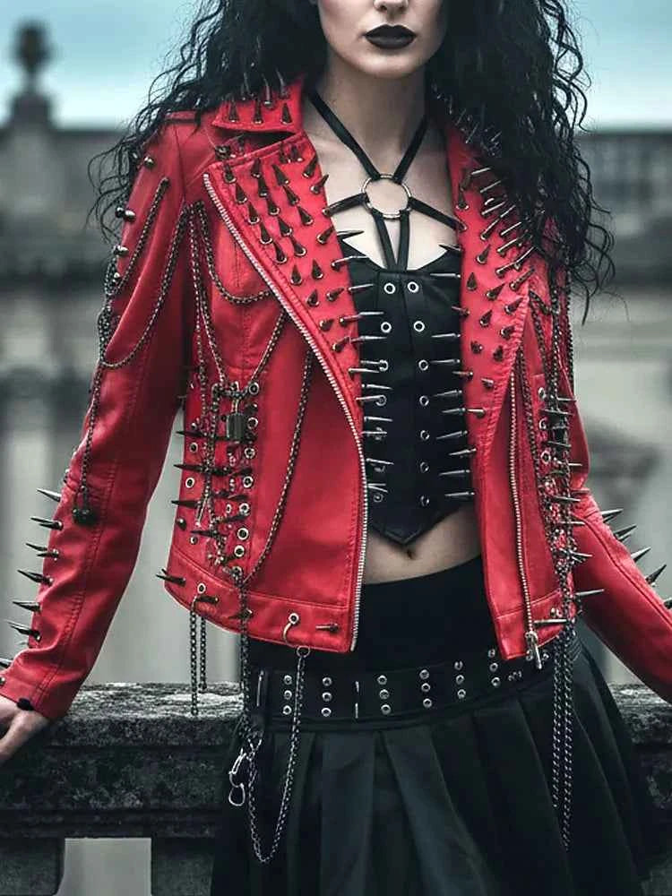 Club Wear Spike Studded Rivet Coat E-Girls Punk Rock Goth Emo Gothic Y2K Pu leather Jacket Harajuku Grunge Chain Zipper
