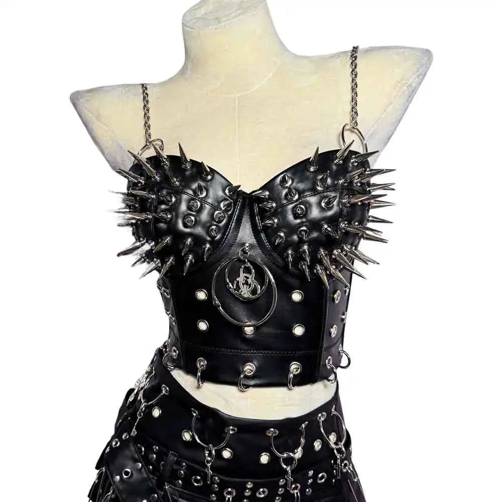 Gothic Emo Punk Woman Top with Spikes Grunge PU Leather Tank Y2K Alternative Clothing Sexy Party Club Wear T-shirt for Women