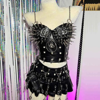 Gothic Emo Punk Woman Top with Spikes Grunge PU Leather Tank Y2K Alternative Clothing Sexy Party Club Wear T-shirt for Women