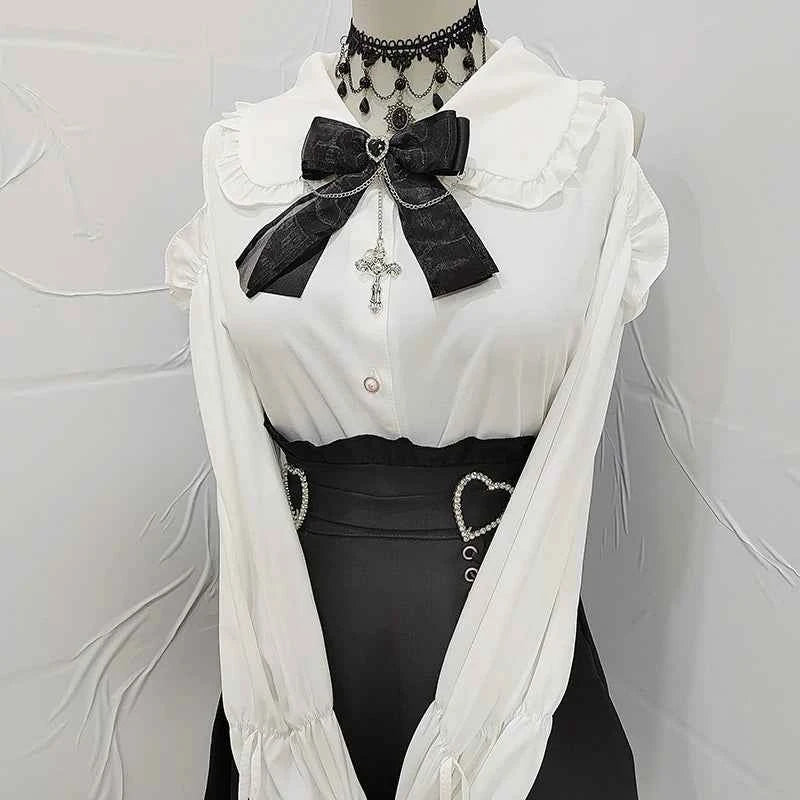 Kawaii Women Shirts Jirai Kei Lolita Y2K Cute Japanese Style Blouse Elegant Long Sleeve Sweet Tops Casual Aesthetic Shirt 2024