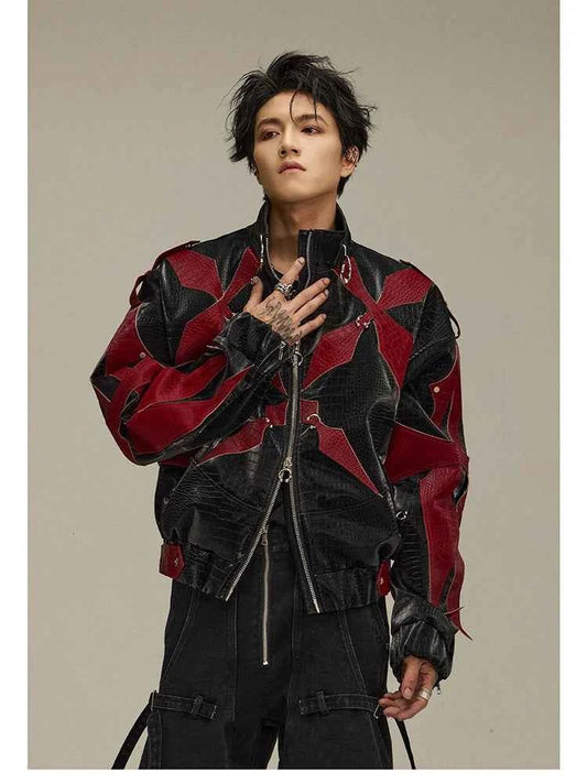 Mauroicardi Spring Autumn Cool Handsome Crocodile Print Patchwork Pu Leather Jacket Men Color Block Luxury Designer Clothes 2024