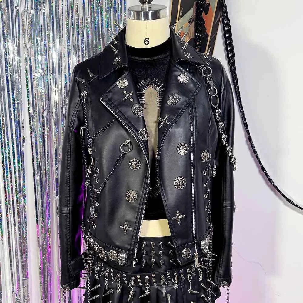 Y2K Vegan Leather Skull Studded Rivets Jacket Coat E-Girls Gothic Harajuku Grunge Chain Emo Eco DIY Punk Rock Hand Made