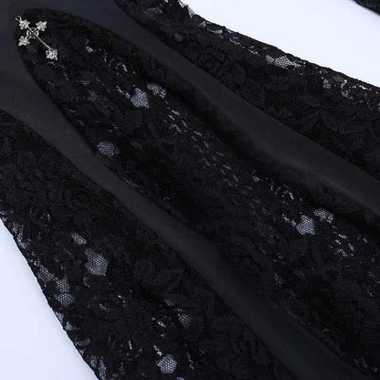 Goth Mall Flare Pants Sexy Black Lace Patchwork High Waist Vintage Harajuku Hippie Punk Grunge Streetwear  Y2k Pants