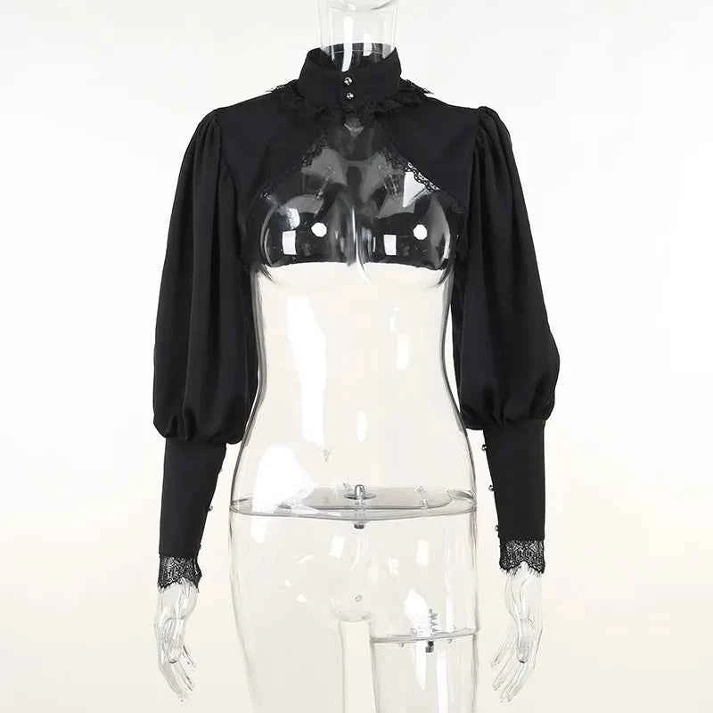 Gothic Lantern Sleeve Smock High Street Sexy Black Winter Long Sleeve Crop Top Aesthetic Fairy  Blusas Mujer De Moda 2022