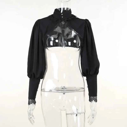Gothic Lantern Sleeve Smock High Street Sexy Black Winter Long Sleeve Crop Top Aesthetic Fairy  Blusas Mujer De Moda 2022