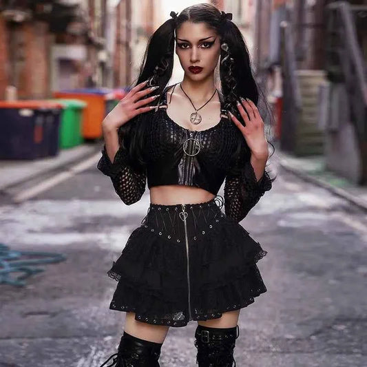Women's Punk Vintage High Wasit Skirt Zipper Front Japanese Style Kawaii Black Harajuku Gothic Skater Cosplay Mini Skirts