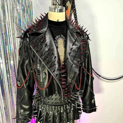 Punk Rock E-Girls Eco Goth Gothic Emo Grunge DIY Harajuku Y2K PU Leather Skull Studded Jacket Vintage Hand Made Studded Rivet