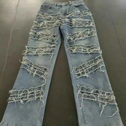 Y2K 90s Street Style Women's Vintage Fringed Distressed Flare Jeans - High Stretch Unique Tassel Design Hip Hop Fashion for All