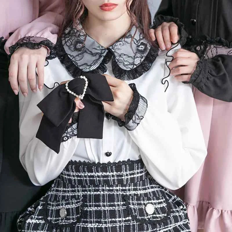 Kawaii Women Shirts Jirai Kei Lolita Y2K Cute Japanese Style Blouse Elegant Long Sleeve Sweet Tops Casual Aesthetic Shirt 2024