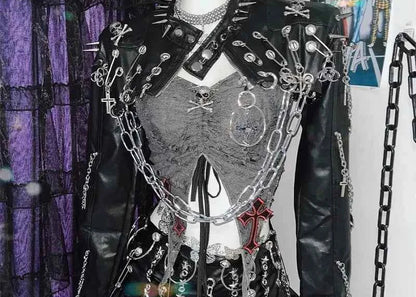 Harajuku Women Gothic Lolita Streetwear Y2K Girl Steampunk Rock and roll  Spike Trim Crop Tops Rivet Metal Chain pu Blazer coat