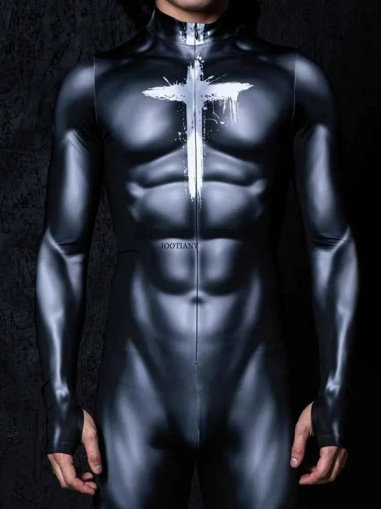 New Halloween Couple Cyberpunk Muscle Black Fashion Sexy Tight Bodysuit Holiday Party Adult Nightclub Stage Role Playing Costume