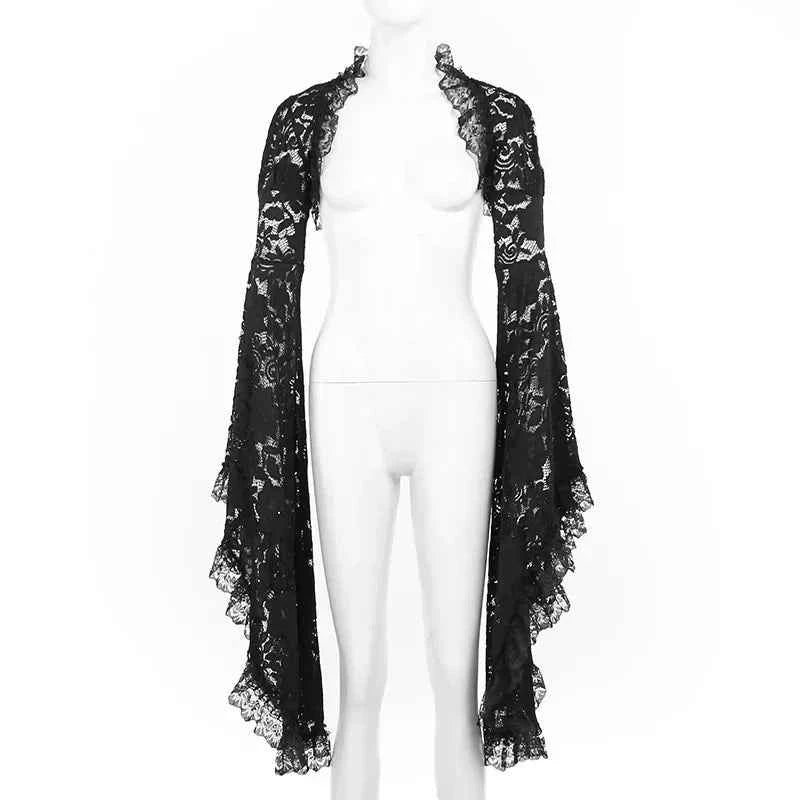 Gothic Classic Lace Cover Ups Women Mesh Crop Top See Through Sexy Flare Sleeve Blouse Y2k Black Rave Outfit Festival