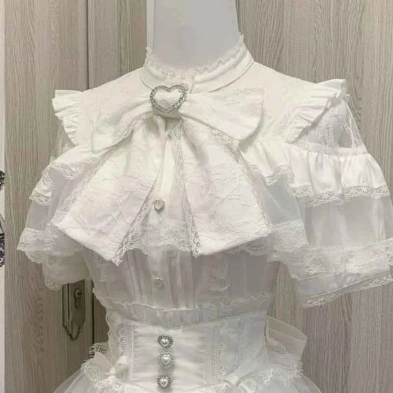 Japanese Kawaii Lolita Lace Patchwork Blouses Summer Women Harajuku Single Breasted Sweet Shirts Summer Girly JK Bow Tops Blusas