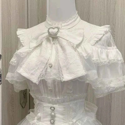 Japanese Kawaii Lolita Lace Patchwork Blouses Summer Women Harajuku Single Breasted Sweet Shirts Summer Girly JK Bow Tops Blusas
