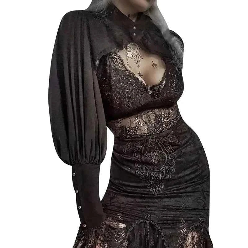 Gothic Lantern Sleeve Smock High Street Sexy Black Winter Long Sleeve Crop Top Aesthetic Fairy  Blusas Mujer De Moda 2022