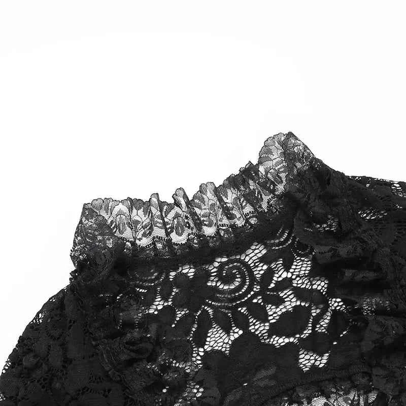 Gothic Classic Lace Cover Ups Women Mesh Crop Top See Through Sexy Flare Sleeve Blouse Y2k Black Rave Outfit Festival