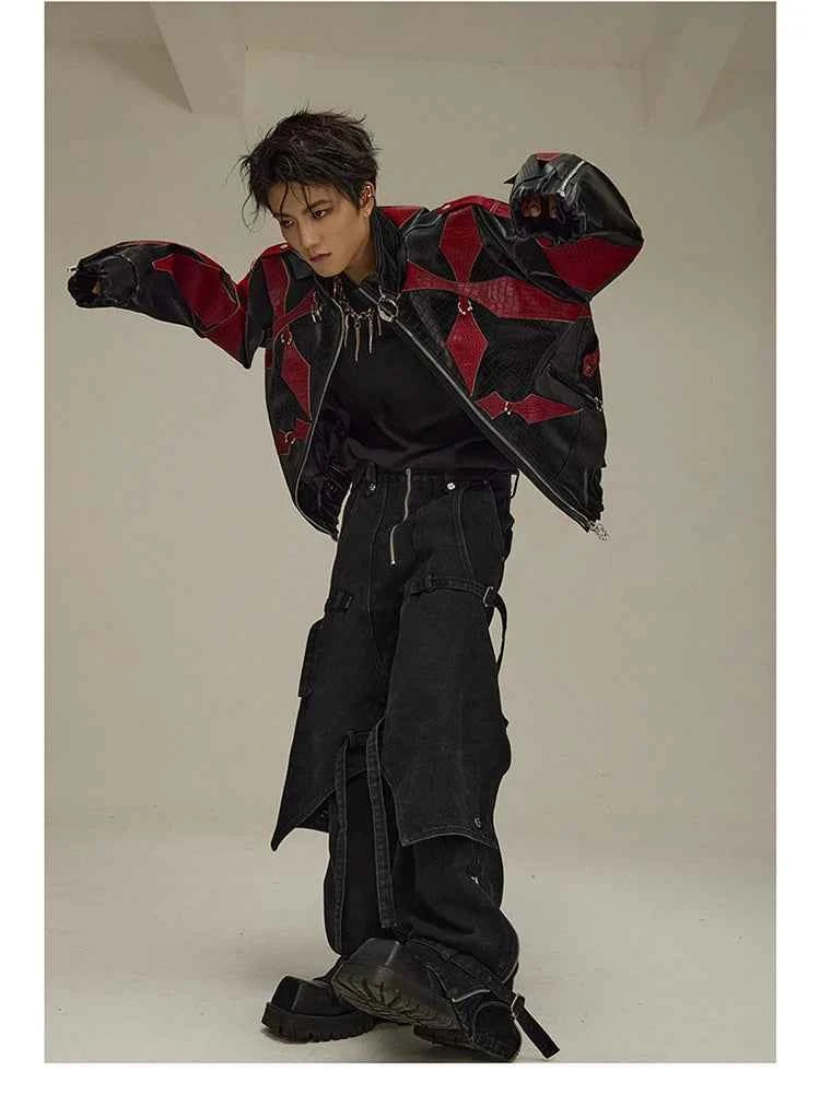 Mauroicardi Spring Autumn Cool Handsome Crocodile Print Patchwork Pu Leather Jacket Men Color Block Luxury Designer Clothes 2024