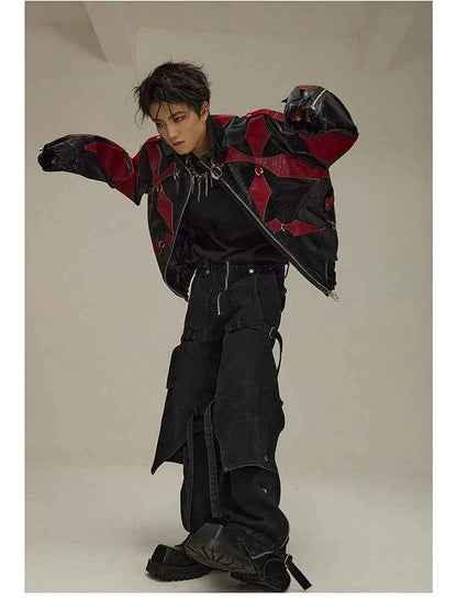 Mauroicardi Spring Autumn Cool Handsome Crocodile Print Patchwork Pu Leather Jacket Men Color Block Luxury Designer Clothes 2024