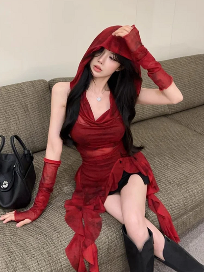 Red Mesh See Through Top Streetwear T-shirt Irregular Ruffle
