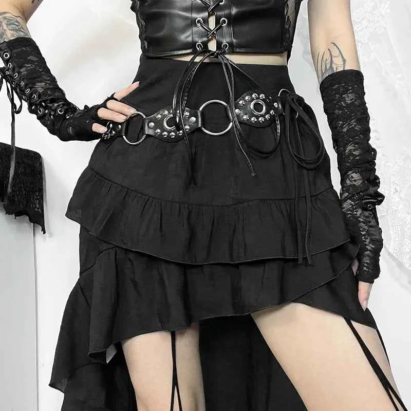 Goth Dark Kawaii Black Tiered Skirts 90S Retro Irregular Hem Party Bottoms Mall Gothic Women Fashion Dragging Skirt Alt Clothing