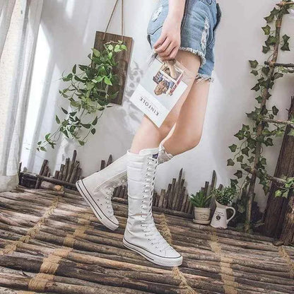 2025 New High Top Canvas Shoes for Women's Korean Edition Long Boot Lace-Up Zipper Comfortable Boot Zapatos De Mujer Tendencia