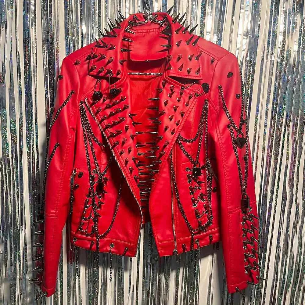 Club Wear Spike Studded Rivet Coat E-Girls Punk Rock Goth Emo Gothic Y2K Pu leather Jacket Harajuku Grunge Chain Zipper