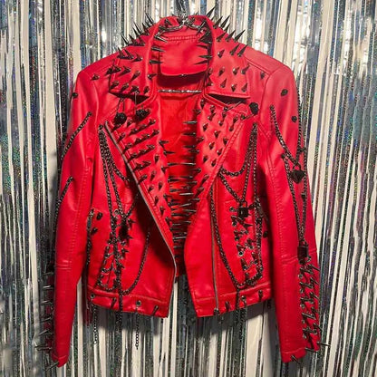 Club Wear Spike Studded Rivet Coat E-Girls Punk Rock Goth Emo Gothic Y2K Pu leather Jacket Harajuku Grunge Chain Zipper