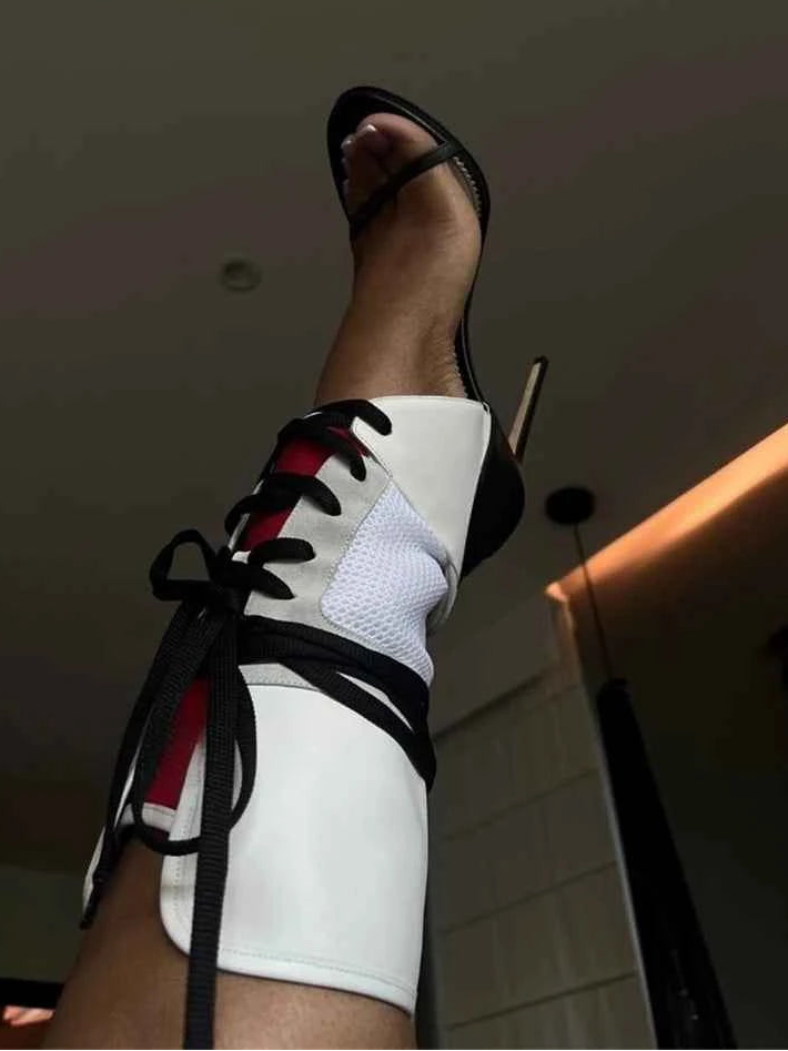 Sexy Patchwork Ankle Boots Pointed Toe Lace-Up High Heel Pumps Women Multi Color Gladiator Sandals Sexy Nightclub Women's Shoes