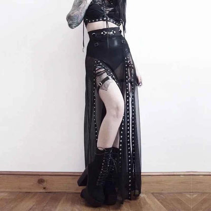 Goth Mesh Perspective Side Slit Skirt Lace Up Dark Punk Gothic Faldas Feminino Thin Summer Aesthetical