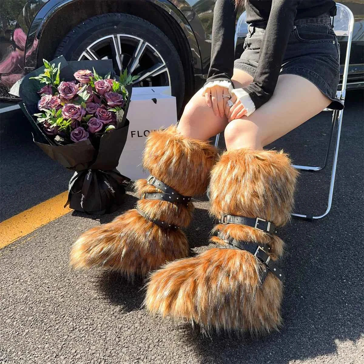 Ladies Faux Fur Knee High Wedge Platform Boots Popular Brown Spice Girl Cross Belt Buckle Winter New Snow Boots For Women