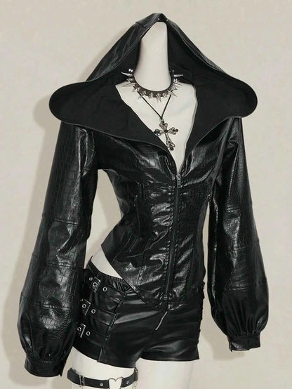 Women's Gothic Punk Hooded PU Leather Jacket with Corset Waist, Zip-Up Front & Spiked Collar for Fall/Winter