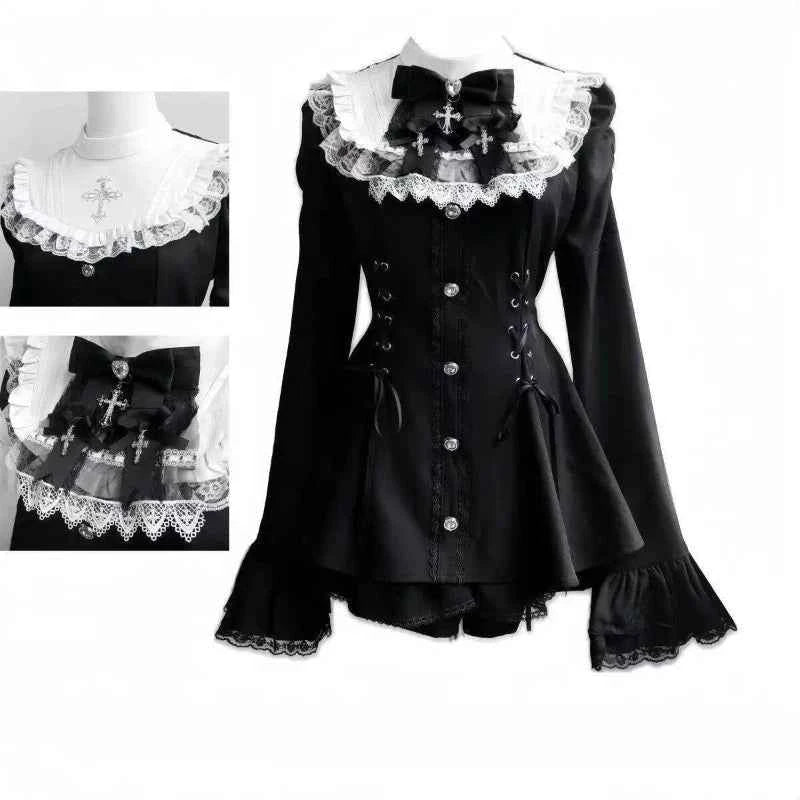 Y2k Aesthetic Lolita Style Bow Dress Shorts Set Japanese Women Gothic Lace Flare Sleeve Button Shirt Dress Punk Party Mini Dress