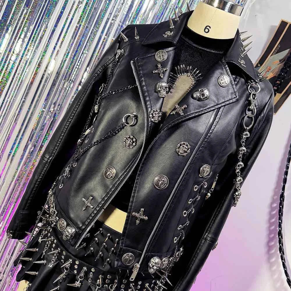 Y2K Vegan Leather Skull Studded Rivets Jacket Coat E-Girls Gothic Harajuku Grunge Chain Emo Eco DIY Punk Rock Hand Made