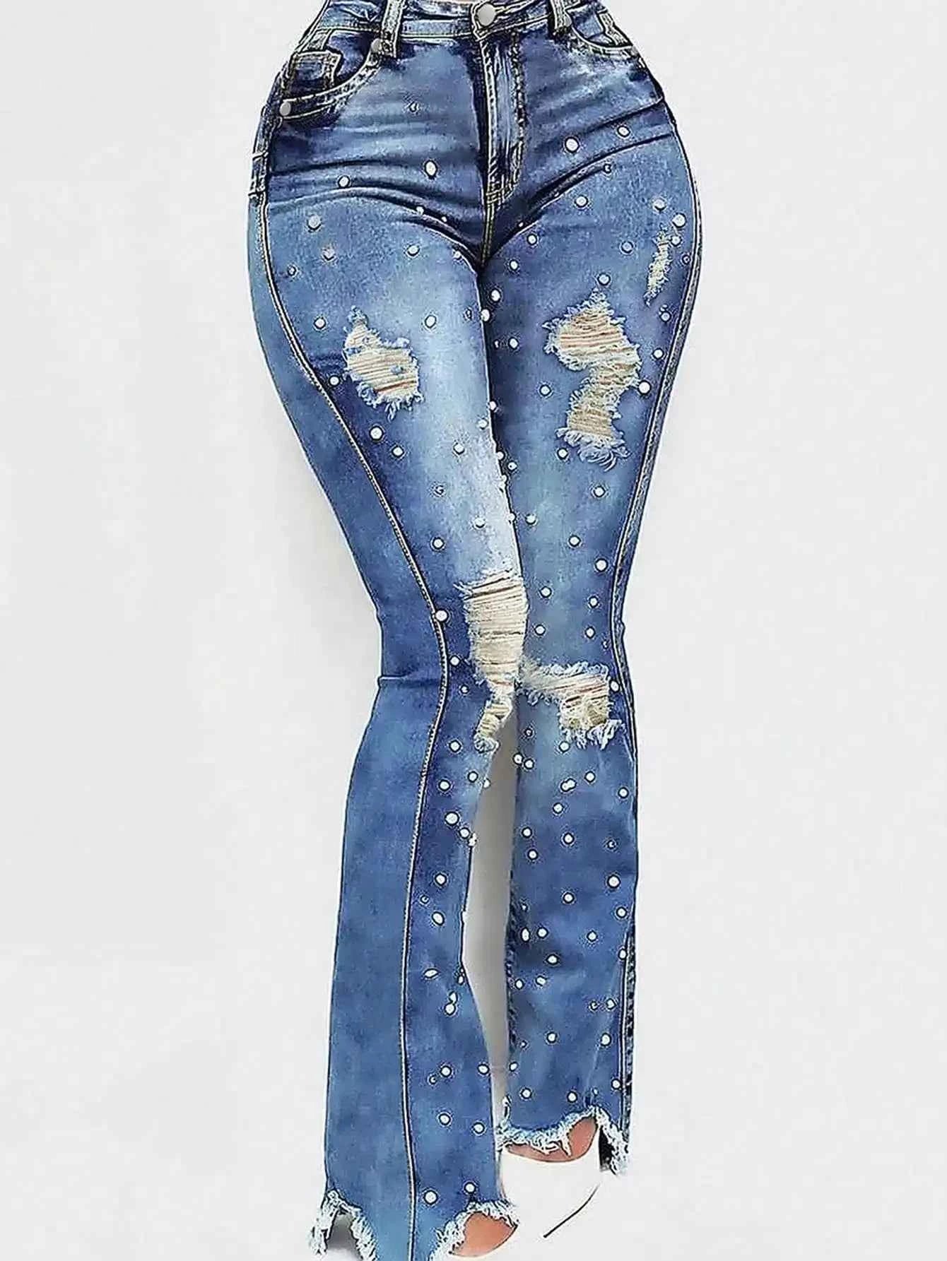Women's High Waisted Ripped Flared Jeans with Nail Beads, Elastic Denim Pants for Street Style
