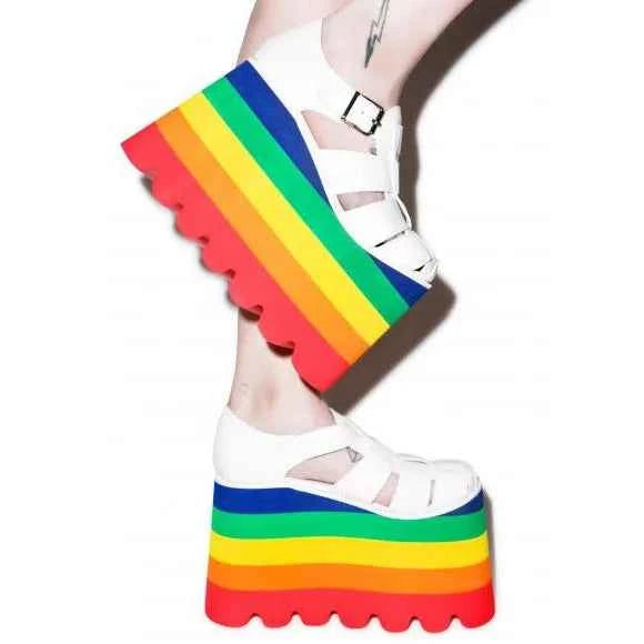Punk Style Round Toe Knee-High Platform Women Boots Rainbow Color Wedges High Heels Lace Up Design Large Size Customized Shoes