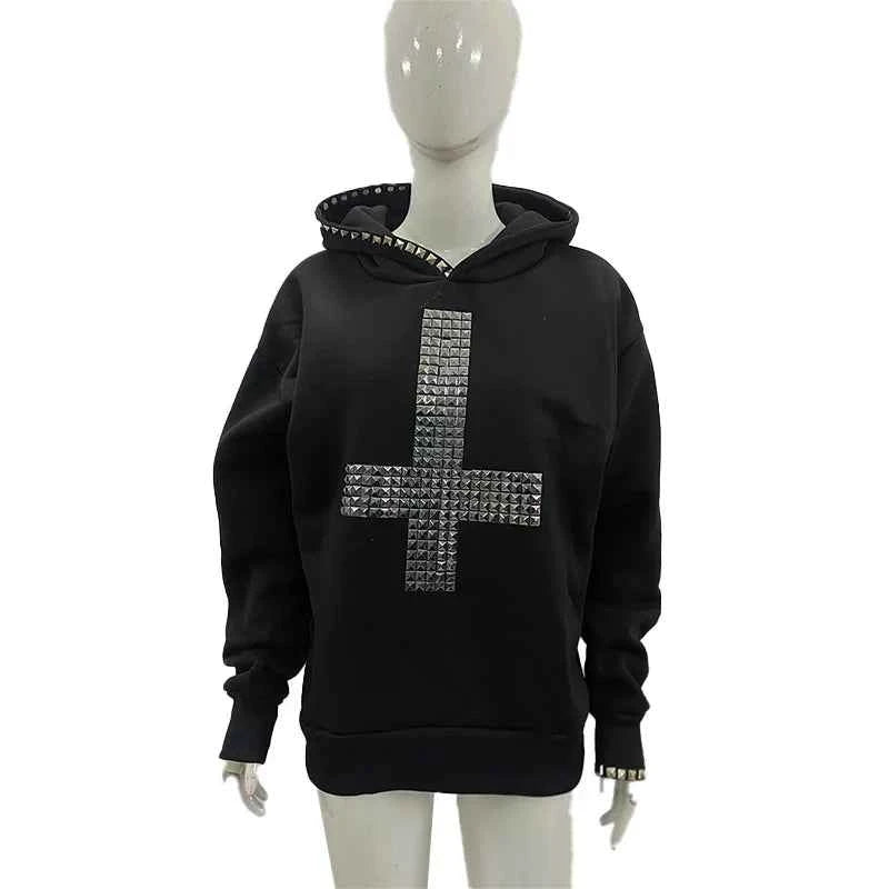 Winter Women's Studded Cross Hoodie | Gothic Streetwear | MUNSIEUR