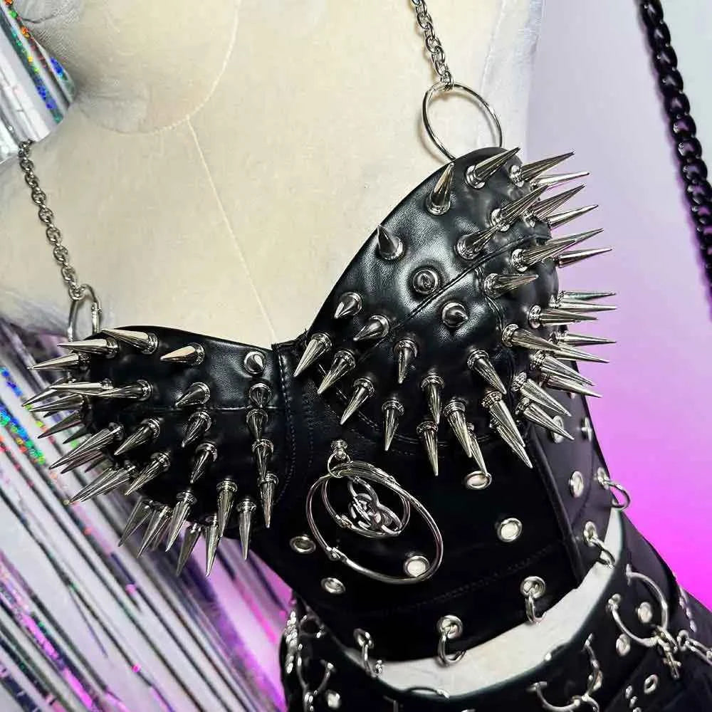 Gothic Emo Punk Woman Top with Spikes Grunge PU Leather Tank Y2K Alternative Clothing Sexy Party Club Wear T-shirt for Women