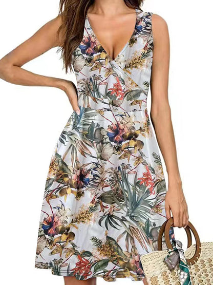 Elegant Sleeveless Printed Pocket Dress Women's